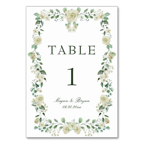 Elegant Greenery White Floral Wedding Table Number