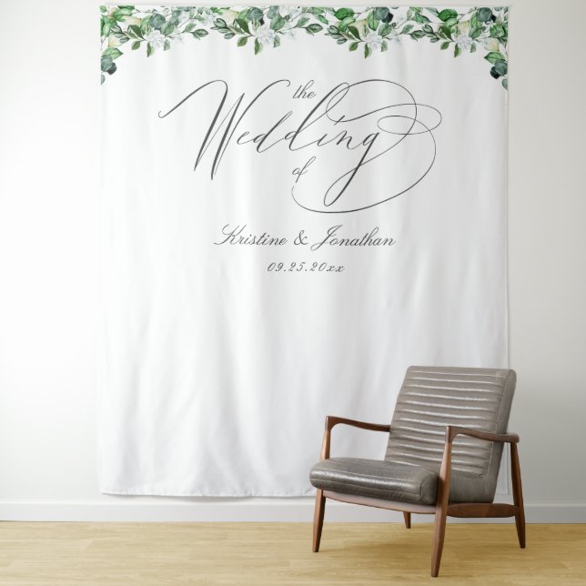 Elegant Greenery White Floral Wedding Tapestry (In Situ)