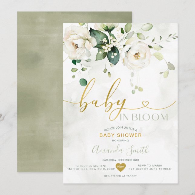 Elegant Greenery White Flowers Baby In Bloom Invitation (Front/Back)
