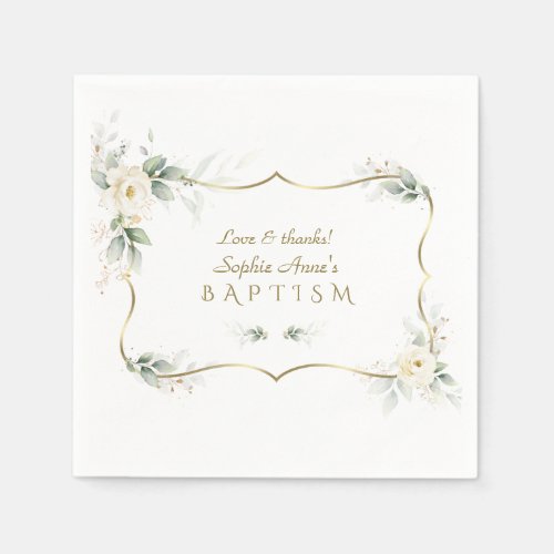 Elegant Greenery White Flowers Gold Cross Baptism Napkins