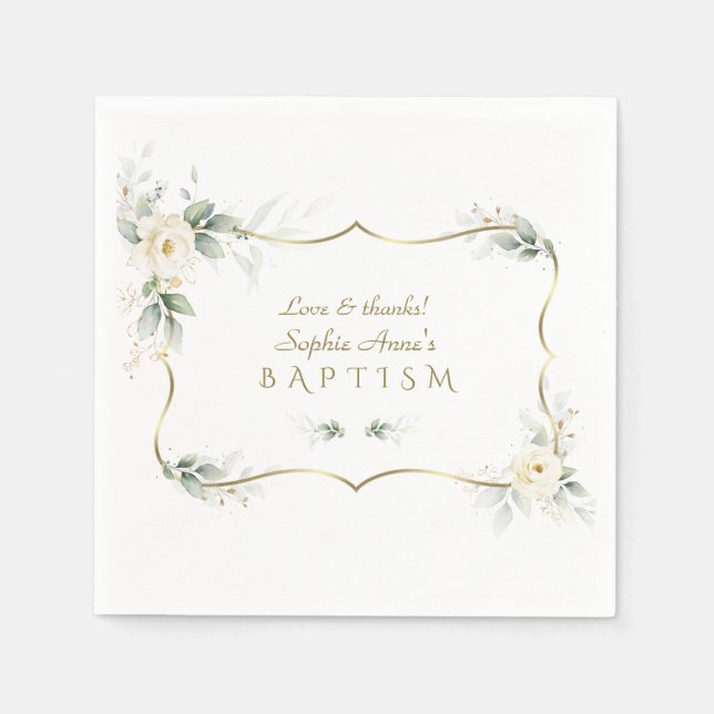 Elegant Greenery White Flowers Gold Cross Baptism Napkins (Front)
