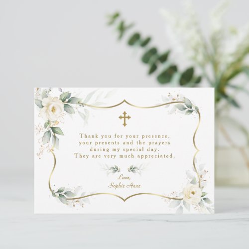 Elegant Greenery White Flowers Gold Cross Baptism  Thank You Card