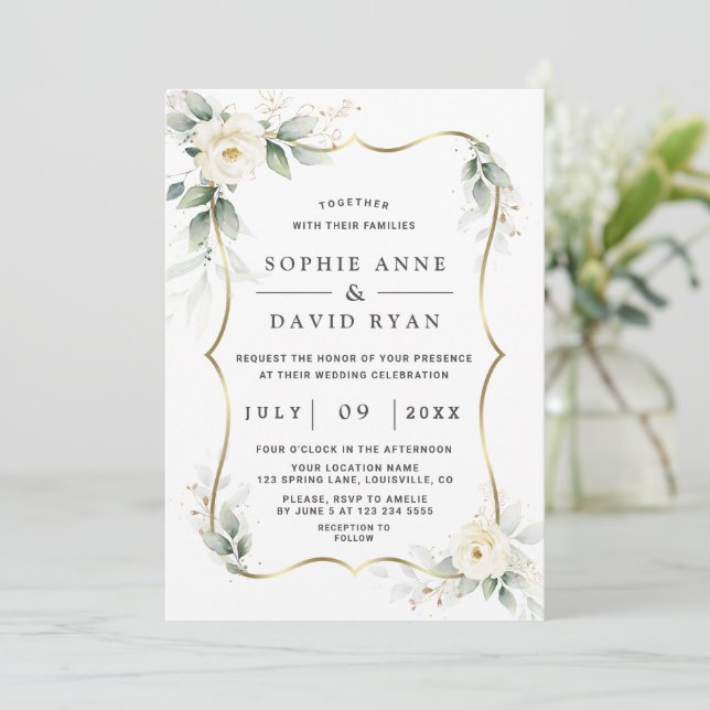 Elegant Greenery White Flowers Gold Wedding  Invitation (Standing Front)