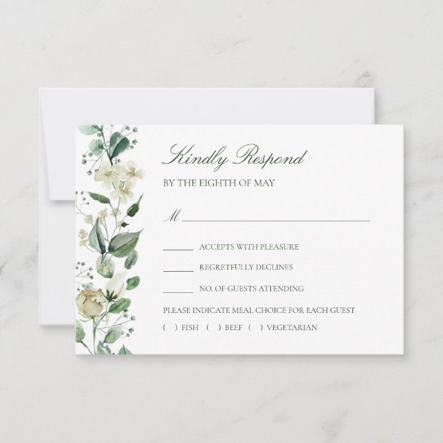 Elegant Greenery White Flowers Meal Choice Wedding RSVP Card (Front)