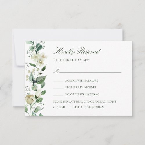 Elegant Greenery White Flowers Meal Choice Wedding RSVP Card