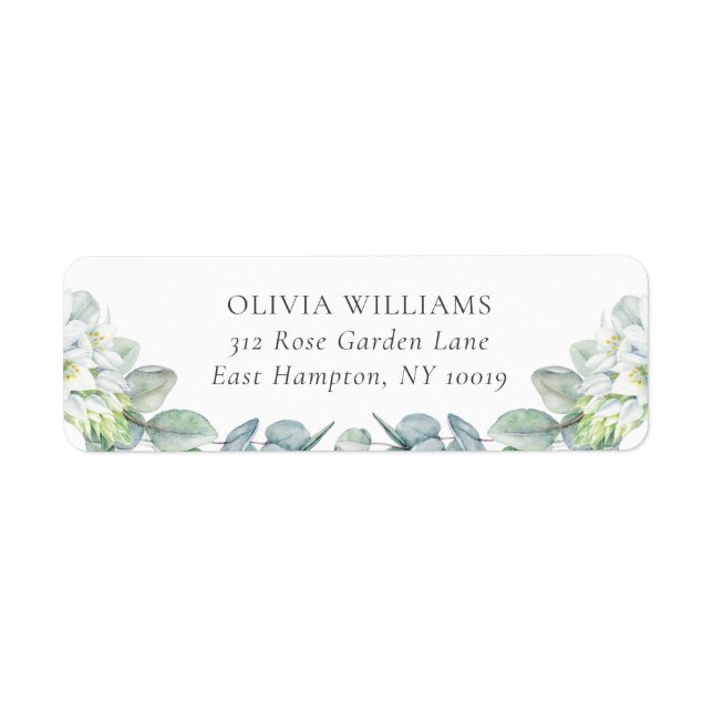 Elegant Greenery White Flowers Return Address Label (Front)
