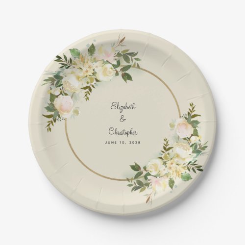 Elegant Greenery White Rose Floral Chic Gold Frame Paper Plates