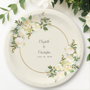 Elegant Greenery White Rose Floral Chic Gold Frame Paper Plates
