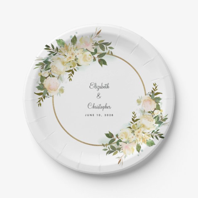 Elegant Greenery White Rose Floral Gold Frame Paper Plates (Front)