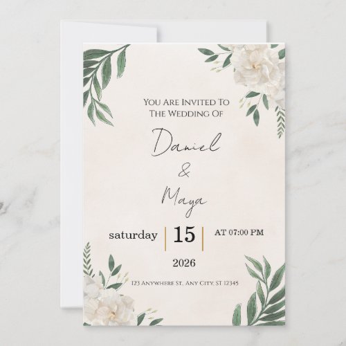 Elegant Greenery White Rose Wedding Invitation 5x7