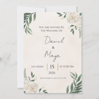 Elegant Greenery White Rose Wedding Invitation 5x7