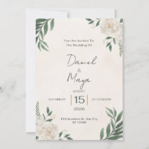 Elegant Greenery White Rose Wedding Invitation 5x7