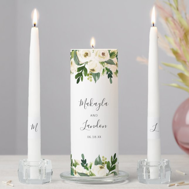 Elegant Greenery White Roses Floral Wedding Unity Candle Set (In Situ)