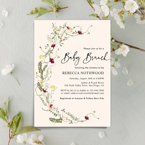 Elegant Greenery Wildflower Wreath Baby Brunch Invitation