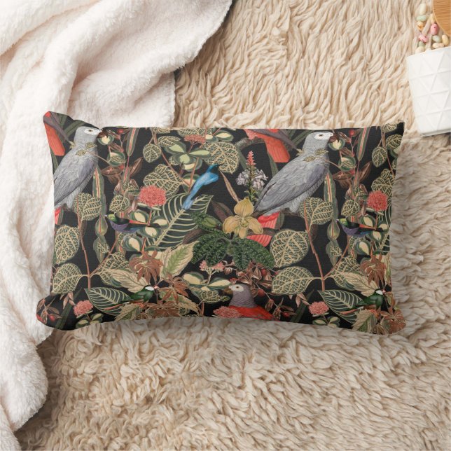 Elegant Greenery with Birds on Black Lumbar Pillow (Blanket)
