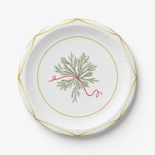 Elegant greenery with gold border Holiday Party Paper Plates