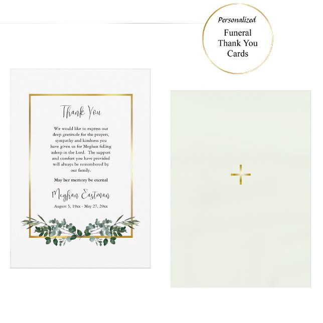 Elegant Greenery with Gold Frame Funeral  Thank You Card (Creator Uploaded)
