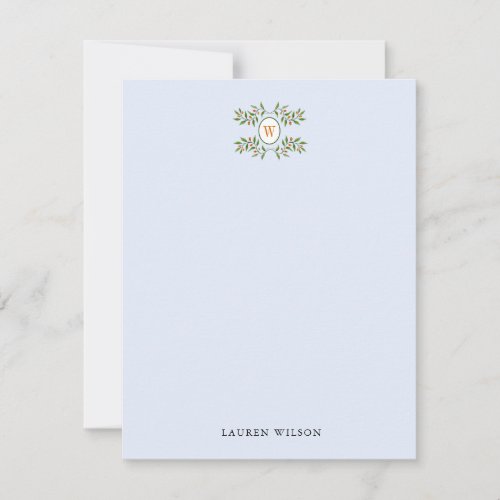 Elegant Greenery with Monogram pale blue Flat  Note Card