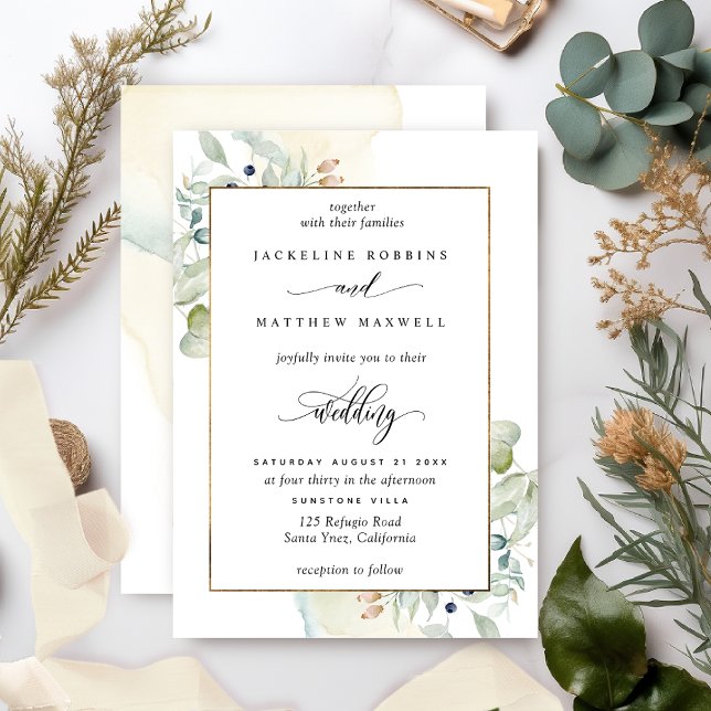 Elegant Greenery with Watercolor Stains Wedding Invitation (Creator Uploaded)
