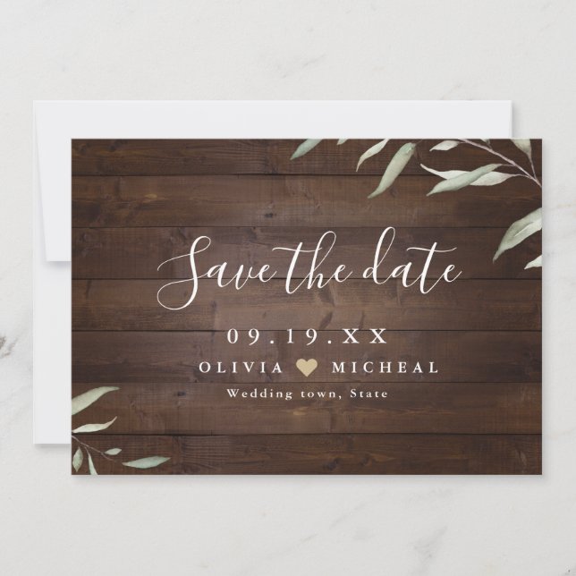 Elegant greenery wood county rustic save the date (Front)