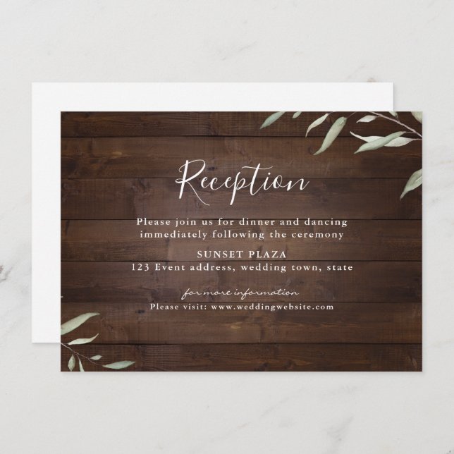 Elegant greenery wood rustic wedding reception enclosure card (Front/Back)