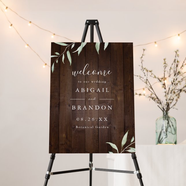 Elegant greenery wood rustic wedding welcome sign  (In Situ (Stand))