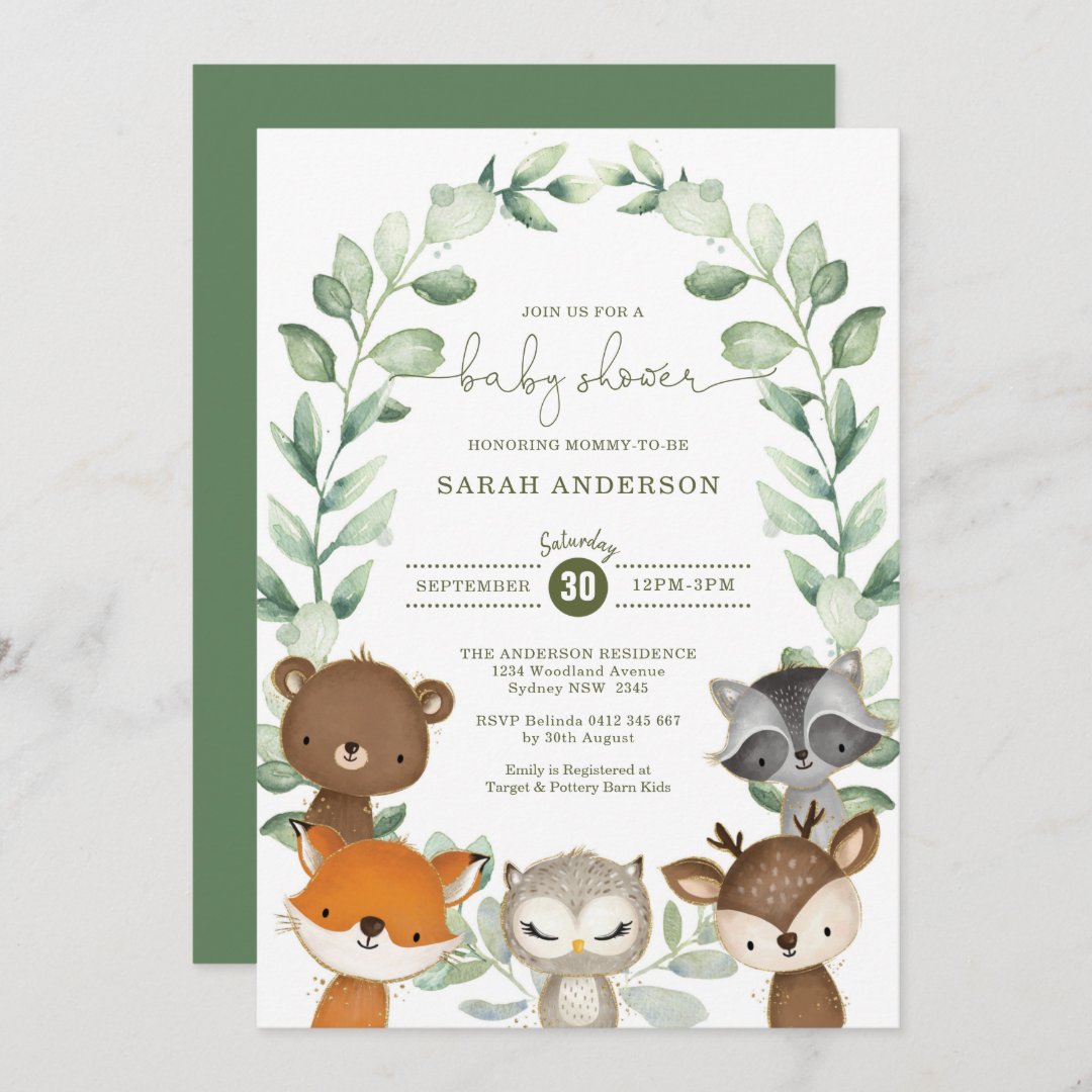 Elegant Greenery Woodland Animals Baby Shower Invitation | Zazzle