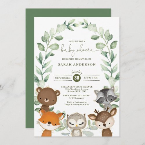 Elegant Greenery Woodland Animals Baby Shower Invitation