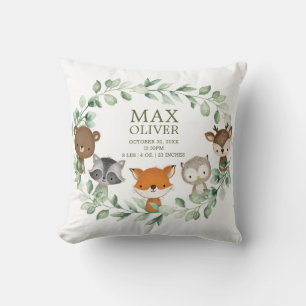 Elegant Greenery Woodland Birth Stats Boy Nursery Throw Pillow