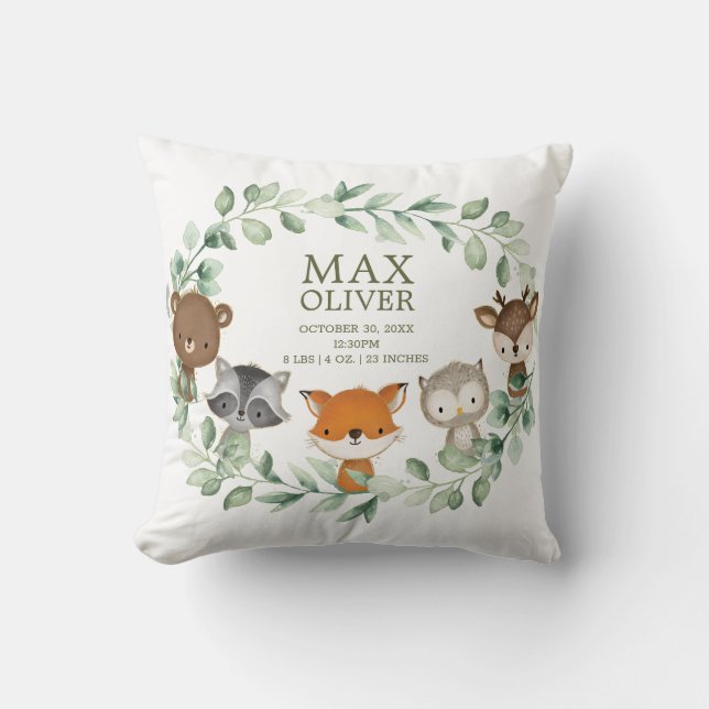 Elegant Greenery Woodland Birth Stats Boy Nursery Throw Pillow (Front)