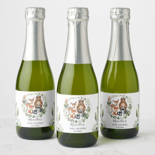 Elegant Greenery Woodland Forest Baby Animals Sparkling Wine Label