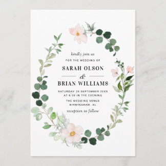 elegant greenery wreath blush floral wedding invitation