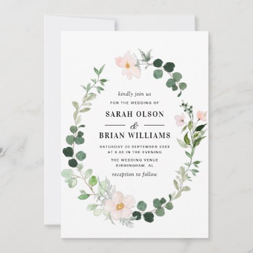 elegant greenery wreath blush floral wedding invitation