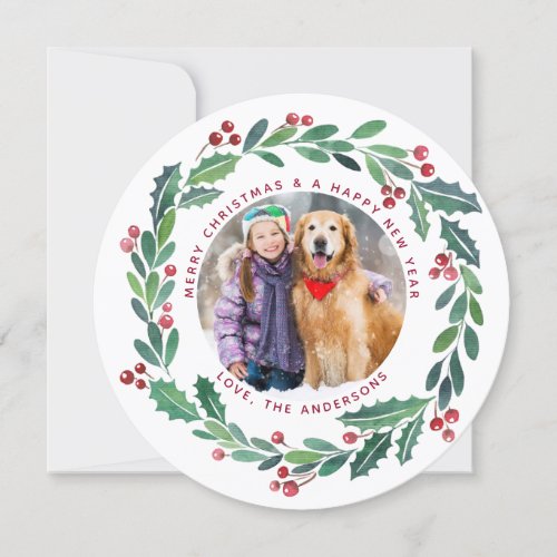 Elegant Greenery Wreath Christmas Photo Round Holiday Card