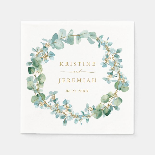 Elegant Greenery Wreath Gold Eucalyptus Wedding Napkins (Front)
