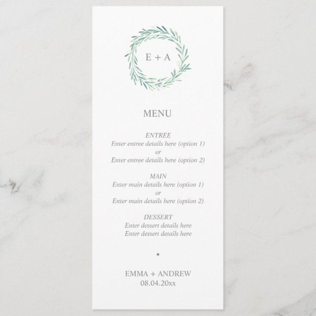 Elegant Greenery Wreath Monogram Wedding Menu (Front)