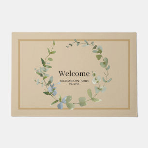 Elegant Greenery Wreath Personalized Welcome Doormat