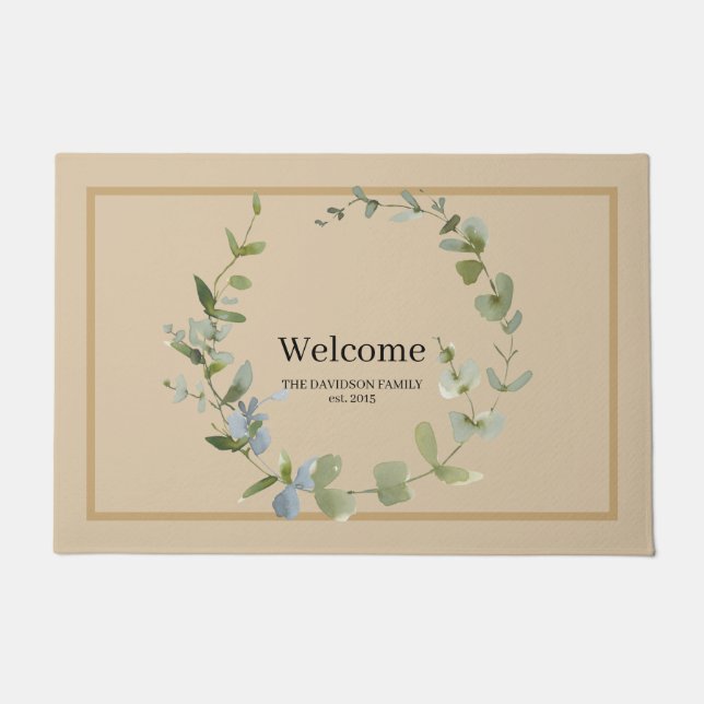 Elegant Greenery Wreath Personalized Welcome Doormat (Front)