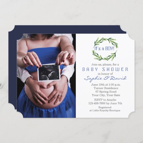 Elegant Greenery Wreath Photo Boy Baby Shower Invitation