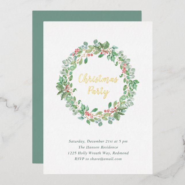 Elegant Greenery Wreath Rustic Christmas Party Foil Invitation (Front/Back)