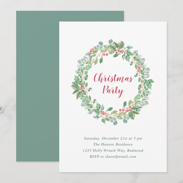 Elegant Greenery Wreath Rustic Christmas Party Invitation (Front/Back)
