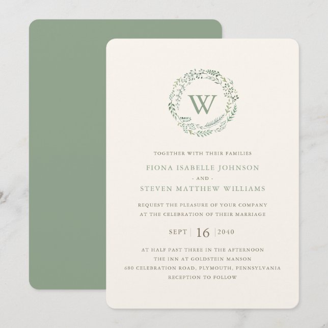 Elegant Greenery Wreath Watercolor Wedding Invitation (Front/Back)