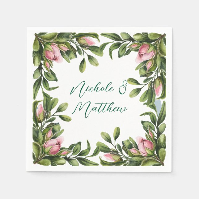 Elegant Greenery Wreath With Pink Rose Bud Wedding Napkins (Front)