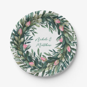 Elegant Greenery Wreath With Pink Rose Bud Wedding Paper Plates