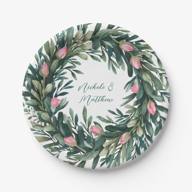 Elegant Greenery Wreath With Pink Rose Bud Wedding Paper Plates (Front)