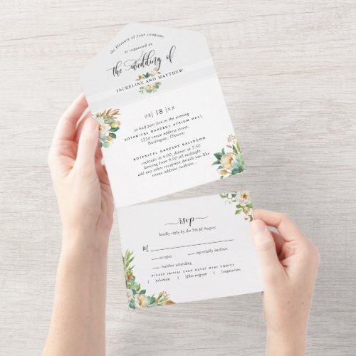 Elegant Greenery Yellow Wedding w Perforated RSVP All In One Invitation