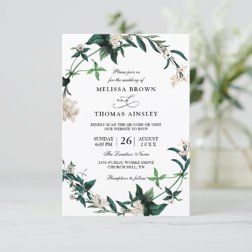 Elegant Greeney Hydrangea White QR Code Wedding Invitation