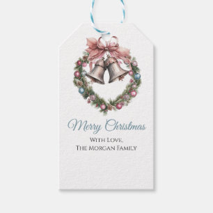 Elegant Greening Wreath Bell & Pink Ribbon Bow Gift Tags