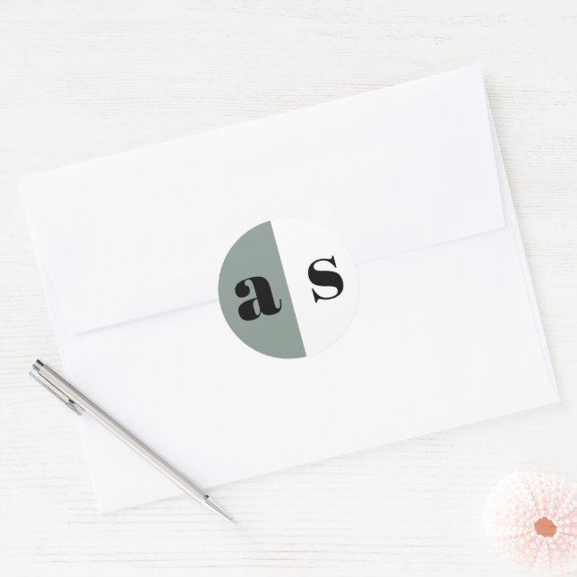 Elegant greenish gray monogram wedding classic round sticker (Envelope)
