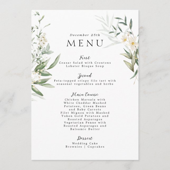 Elegant Greens Lovely Wedding Menu  (Front)